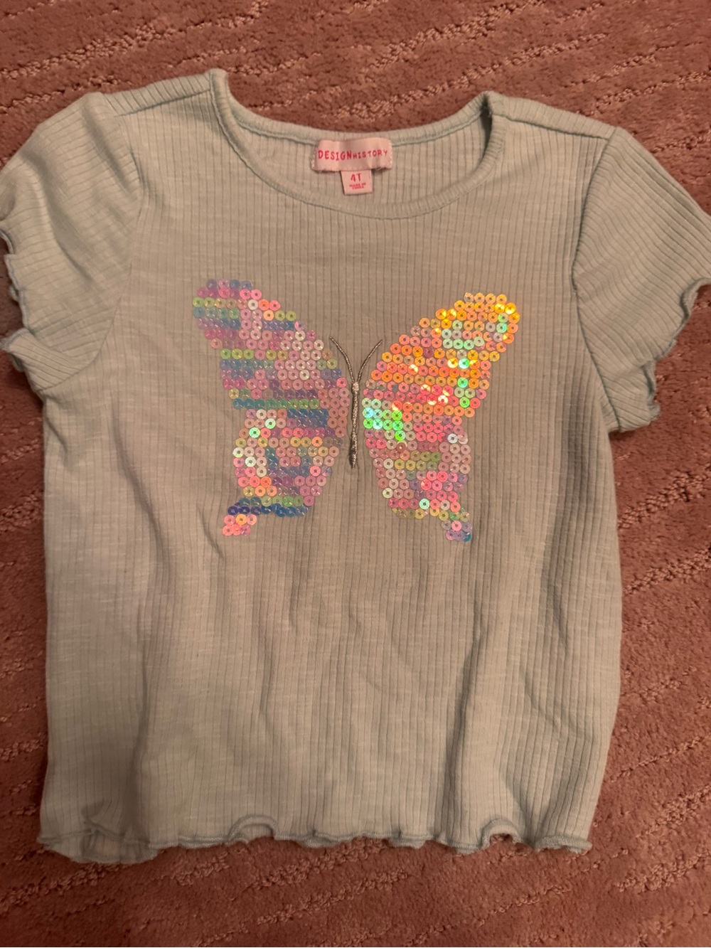 Design History Mint Green Short Sleeve Tee with Iridescent Sequin Butterfly